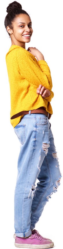 Full body portrait of attractive young african american woman standing on white background